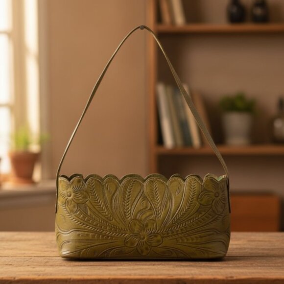 LL Leaders In Leather Purse Paraguay Scrolled Floral Tooled Leather Teal & Brown - Picture 1 of 8